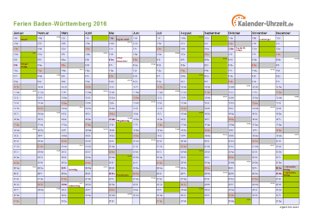 Ferien 2016 Baden-Württemberg im Kalender - A4 quer-einseitig Ferienkalender 2016 für Baden-Württemberg - A4 quer-einseitig