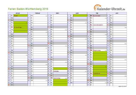 Ferienkalender 2016 für Baden-Württemberg - A4 quer-zweiseitig