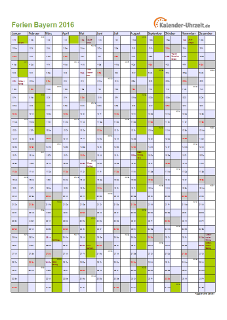 Ferienkalender 2016 für Bayern - A4 hoch-einseitig