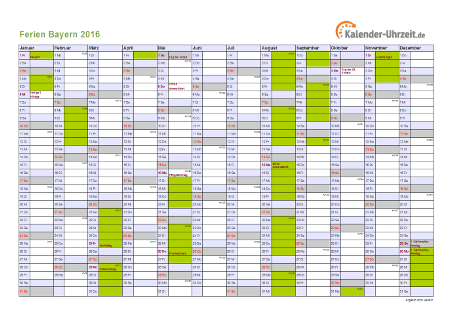 Ferienkalender 2016 für Bayern - A4 quer-einseitig