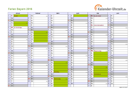 Ferienkalender 2016 für Bayern - A4 quer-zweiseitig