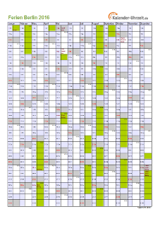 Ferienkalender 2016 für Berlin - A4 hoch-einseitig