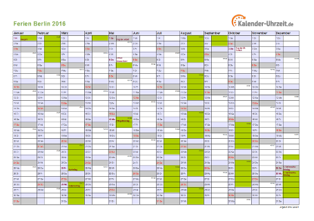 Ferienkalender 2016 für Berlin - A4 quer-einseitig