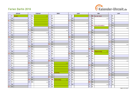 Ferienkalender 2016 für Berlin - A4 quer-zweiseitig