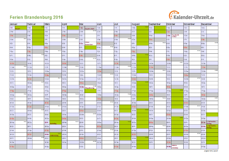 Ferien 2016 Brandenburg im Kalender - A4 quer-einseitig Ferienkalender 2016 für Brandenburg - A4 quer-einseitig