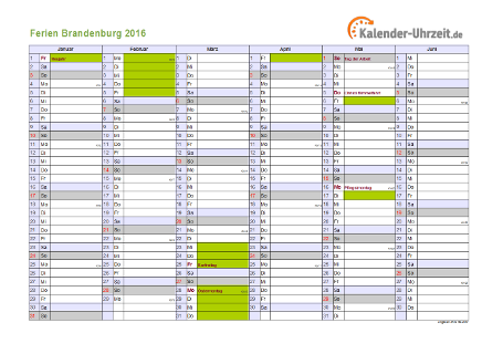 Ferien 2016 Brandenburg im Kalender - A4 quer-zweiseitig Ferienkalender 2016 für Brandenburg - A4 quer-zweiseitig