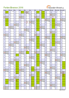 Ferienkalender 2016 für Bremen - A4 hoch-einseitig