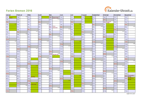 Ferienkalender 2016 für Bremen - A4 quer-einseitig