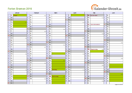 Ferienkalender 2016 für Bremen - A4 quer-zweiseitig