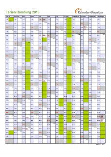 Ferienkalender 2016 für Hamburg - A4 hoch-einseitig