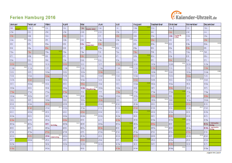 Ferienkalender 2016 für Hamburg - A4 quer-einseitig