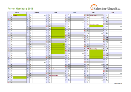 Ferienkalender 2016 für Hamburg - A4 quer-zweiseitig