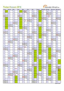 Ferien 2016 Hessen im Kalender - A4 hoch-einseitig Ferienkalender 2016 für Hessen - A4 hoch-einseitig