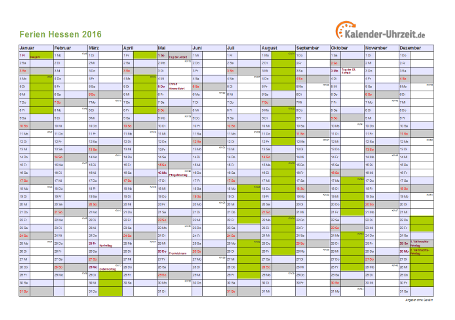 Ferienkalender 2016 für Hessen - A4 quer-einseitig