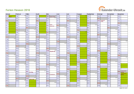 Ferien 2016 Hessen im Kalender - A4 quer-einseitig Ferienkalender 2016 für Hessen - A4 quer-einseitig