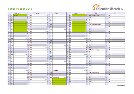 Ferienkalender 2016 für Hessen - A4 quer-zweiseitig