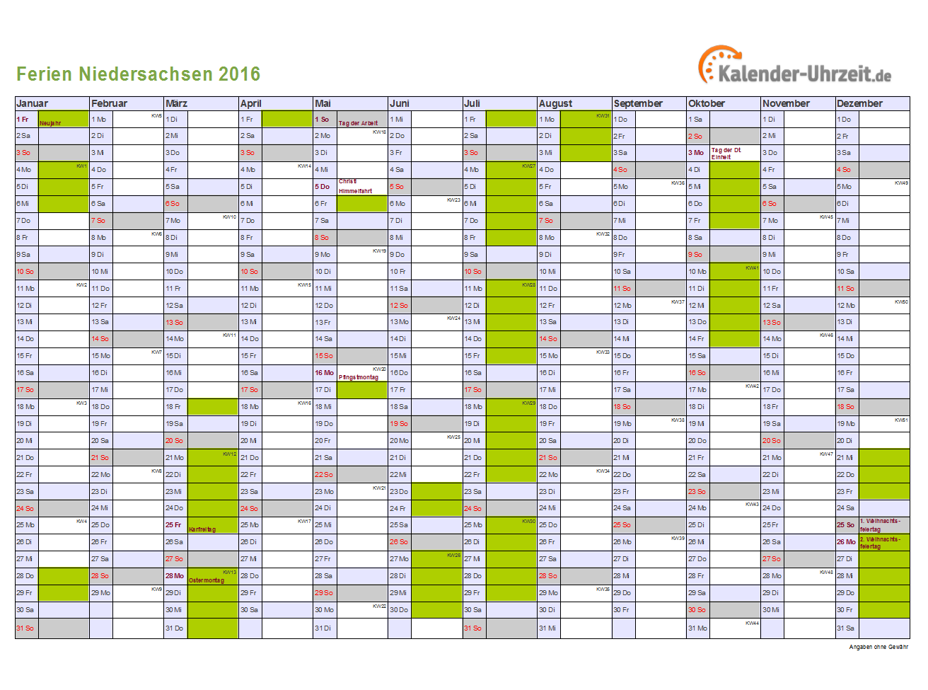 Ferien Niedersachsen 2016 Ferienkalender Zum Ausdrucken