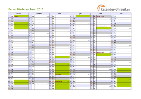 Ferienkalender 2016 für Niedersachsen - A4 quer-zweiseitig