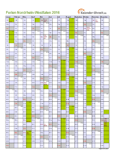 Ferienkalender 2016 für Nordrhein-Westfalen - A4 hoch-einseitig