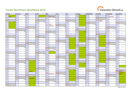 Ferienkalender 2016 für Nordrhein-Westfalen - A4 quer-einseitig