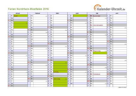 Ferienkalender 2016 für Nordrhein-Westfalen - A4 quer-zweiseitig