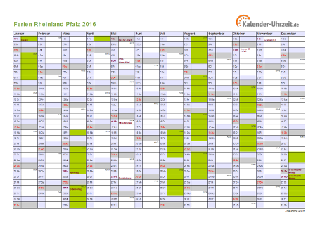 Ferienkalender 2016 für Rheinland-Pfalz - A4 quer-einseitig