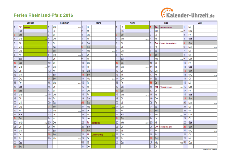 Ferienkalender 2016 für Rheinland-Pfalz - A4 quer-zweiseitig