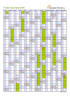 Ferienkalender 2016 für Saarland - A4 hoch-einseitig