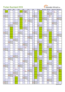 Ferien 2016 Saarland im Kalender - A4 hoch-einseitig Ferienkalender 2016 für Saarland - A4 hoch-einseitig