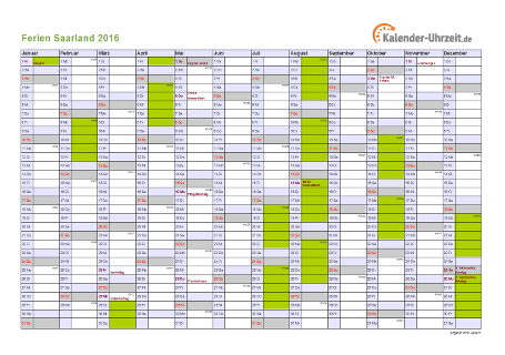 Ferien 2016 Saarland im Kalender - A4 quer-einseitig Ferienkalender 2016 für Saarland - A4 quer-einseitig