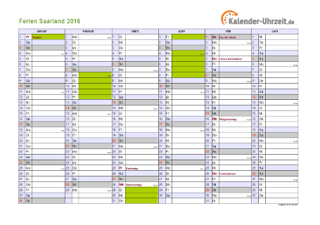 Ferienkalender 2016 für Saarland - A4 quer-zweiseitig