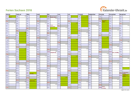 Ferienkalender 2016 für Sachsen - A4 quer-einseitig