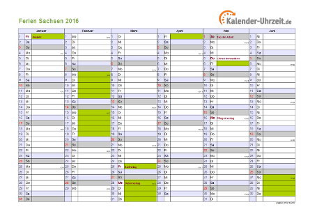 Ferienkalender 2016 für Sachsen - A4 quer-zweiseitig