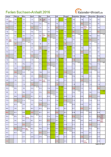 Ferienkalender 2016 für Sachsen-Anhalt - A4 hoch-einseitig