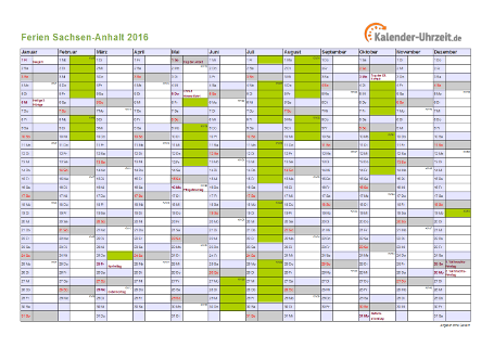 Ferienkalender 2016 für Sachsen-Anhalt - A4 quer-einseitig