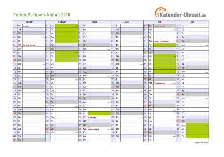 Ferienkalender 2016 für Sachsen-Anhalt - A4 quer-zweiseitig