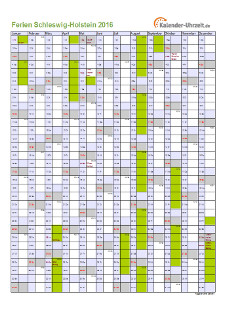 Ferienkalender 2016 für Schleswig-Holstein - A4 hoch-einseitig