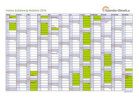 Ferienkalender 2016 für Schleswig-Holstein - A4 quer-einseitig