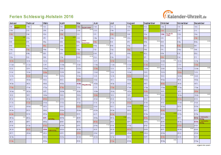 Ferien 2016 Schleswig-Holstein im Kalender - A4 quer-einseitig Ferienkalender 2016 für Schleswig-Holstein - A4 quer-einseitig