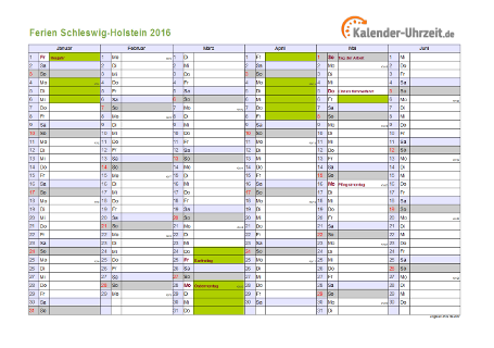 Ferienkalender 2016 für Schleswig-Holstein - A4 quer-zweiseitig
