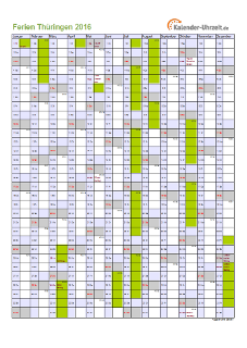 Ferienkalender 2016 für Thüringen - A4 hoch-einseitig