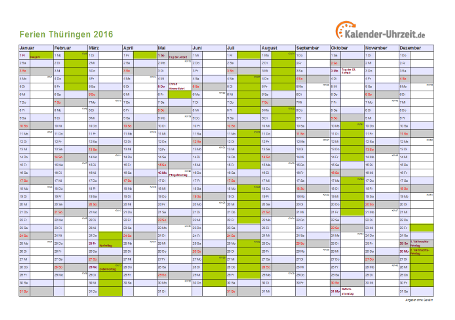 Ferienkalender 2016 für Thüringen - A4 quer-einseitig