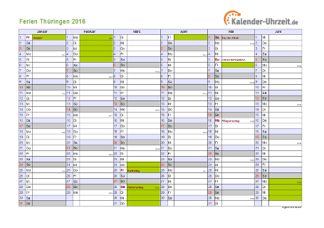 Ferienkalender 2016 für Thüringen - A4 quer-zweiseitig