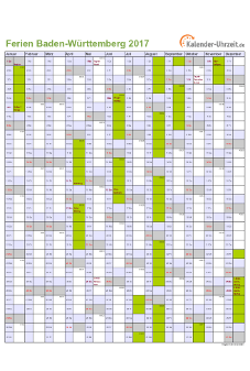 Ferienkalender 2017 für Baden-Württemberg - A4 hoch-einseitig