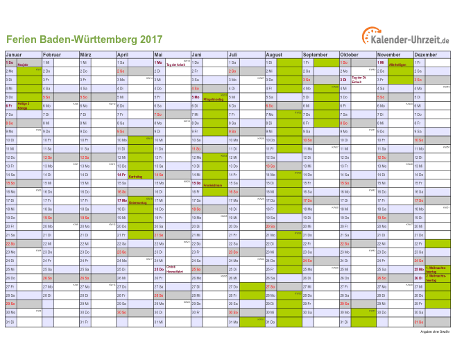 Ferienkalender 2017 für Baden-Württemberg - A4 quer-einseitig