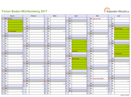 Ferienkalender 2017 für Baden-Württemberg - A4 quer-zweiseitig