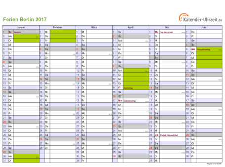 Ferienkalender 2017 für Berlin - A4 quer-zweiseitig