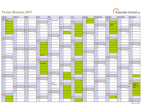 Ferien 2017 Bremen im Kalender - A4 quer-einseitig Ferienkalender 2017 für Bremen - A4 quer-einseitig