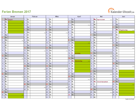 Ferien 2017 Bremen im Kalender - A4 quer-zweiseitig Ferienkalender 2017 für Bremen - A4 quer-zweiseitig