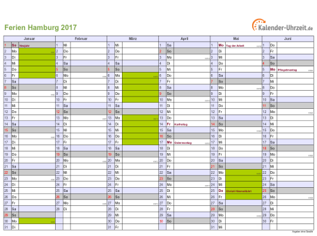 Ferienkalender 2017 für Hamburg - A4 quer-zweiseitig